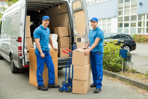 Boxes and office supplies arranged for a business relocation